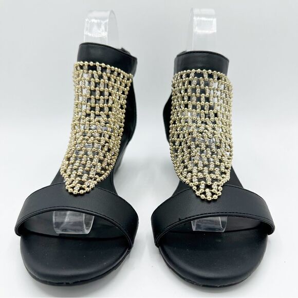 Thalia Sodi‎ Black Tibby Gold/Crystal Mesh Embellished Wedge Open-Toe Sandals 5M - Picture 6 of 16